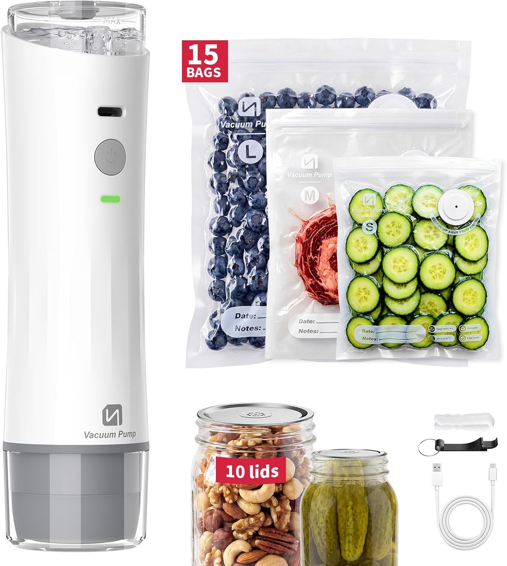 Vacuum sealer kit for food with bags and mason jar caps